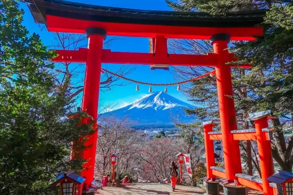 富士山と新倉富士浅間神社の鳥居