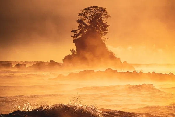 富山・高岡の雨晴海岸の気嵐(冬霧)