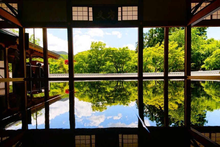 群馬県桐生市 鮮やかな新緑が方丈の床に美しく映り込む宝徳寺の春の床もみじ