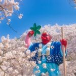 長野県千曲市 戸倉宿サクラケアパークの日本一の天狗像と満開の桜