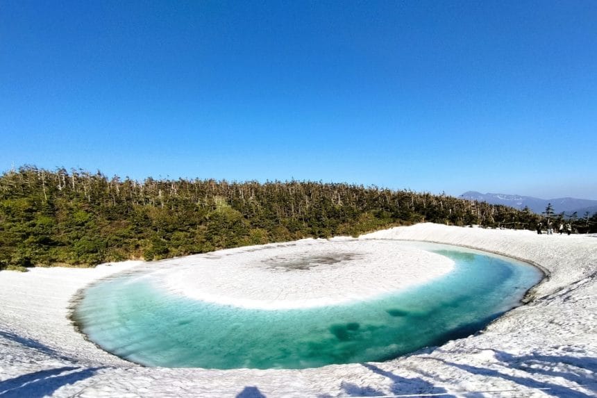 秋田県仙北市 八幡平ドラゴンアイ（鏡沼）雪解けで現れる青いリング状の水面
